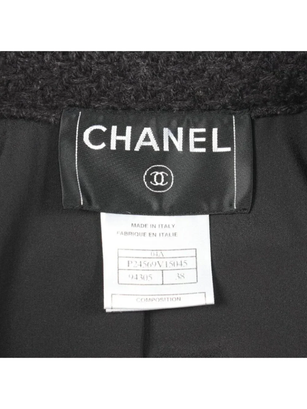 Chanel CC Logo Button Tweed with Tie Black Wool Coat
